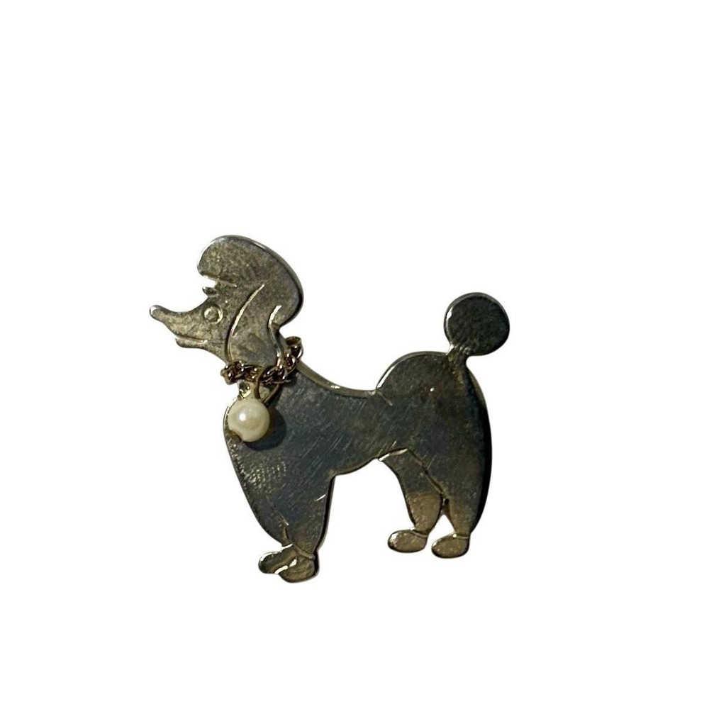 Vintage Gold Tone Dog Poodle‎ Faux Pearl Collar Charm Brooch Pin